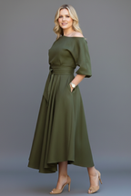 Women’s Midi Dress with Off-Shoulder Neckline and Lantern Sleeves