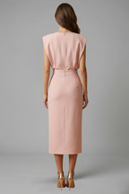 Women’s Midi Dress with Round Neck and Button Slit