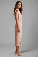 Women’s Midi Dress with Round Neck and Button Slit