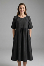 Women’s Midi Dress with Round Neck and Short Sleeves