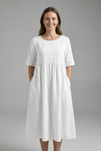 Women’s Midi Dress with Round Neck and Short Sleeves