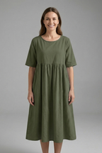 Women’s Midi Dress with Round Neck and Short Sleeves