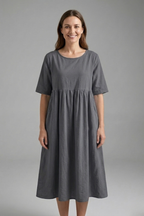 Women’s Midi Dress with Round Neck and Short Sleeves