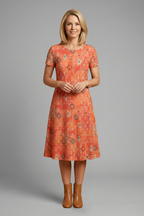 Women’s Midi Dress with Short Sleeves and Printed Surface