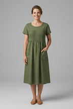 Women’s Midi Dress with Short Sleeves and Side Pockets