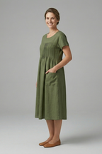 Women’s Midi Dress with Short Sleeves and Side Pockets