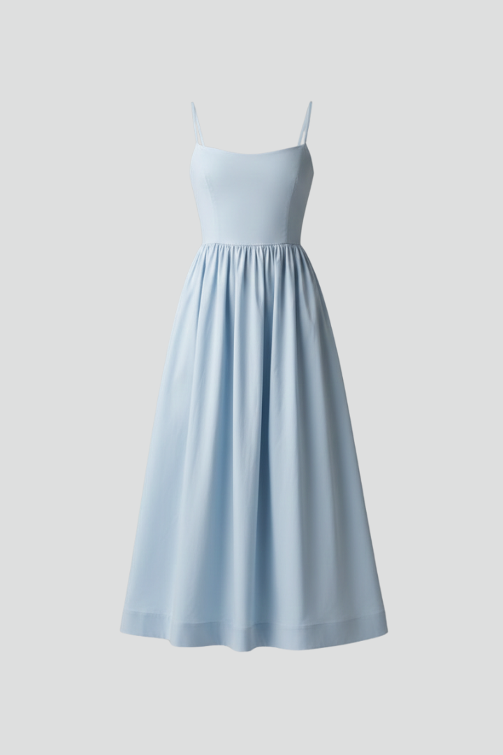Women’s Midi Dress with Spaghetti Straps and Gathered Waist