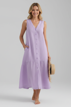 Women’s Midi Dress with V-Neck and Button Front