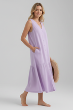 Women’s Midi Dress with V-Neck and Button Front