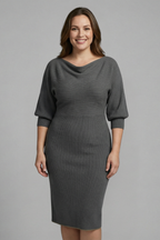 Women’s Midi Dress with V-Neck and Long Sleeves