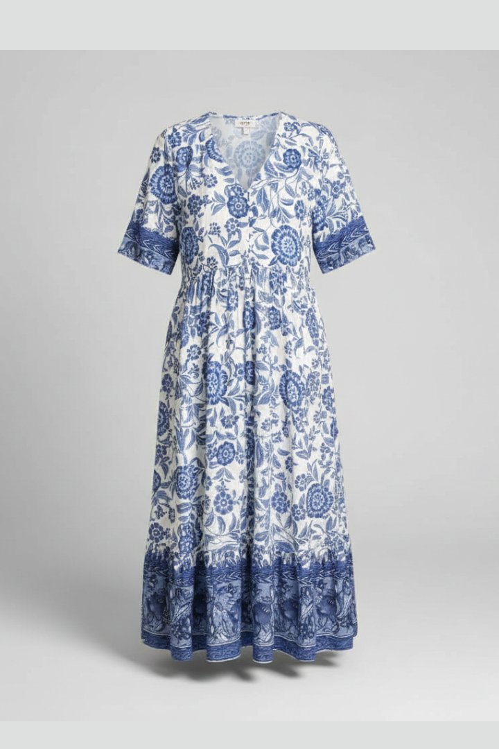 Women’s Midi Dress with V-Neck and Short Sleeves