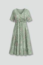Women’s Midi Dress with V-Neck and Short Sleeves