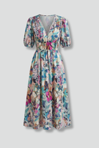 Women’s Midi Dress with V-Neck and Short Sleeves