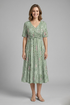Women’s Midi Dress with V-Neck and Short Sleeves