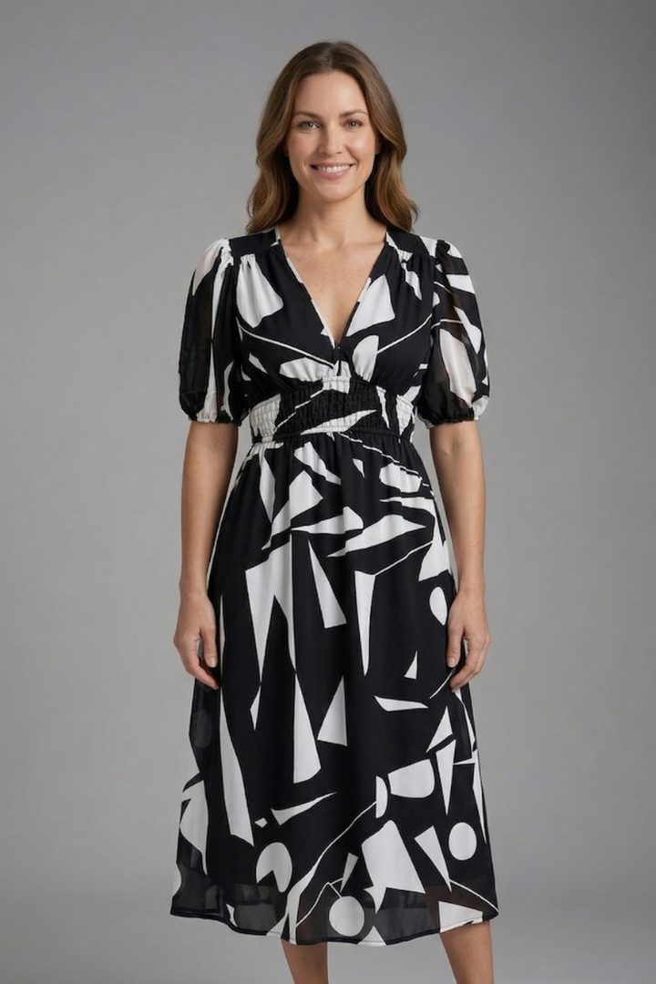 Women’s Midi Dress with V-Neck and Short Sleeves