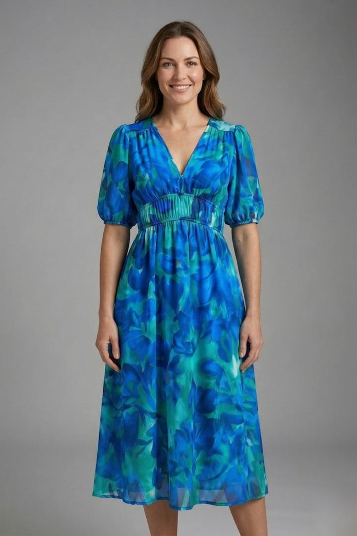 Women’s Midi Dress with V-Neck and Short Sleeves
