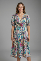 Women’s Midi Dress with V-Neck and Short Sleeves