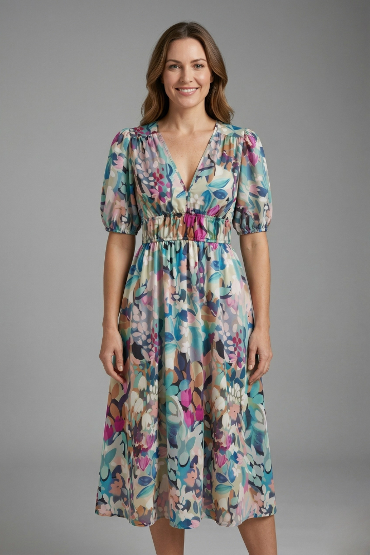 Women’s Midi Dress with V-Neck and Short Sleeves