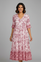 Women’s Midi Dress with V-Neck and Short Sleeves