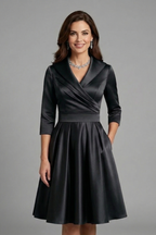 Women’s Midi Dress with V Neck and Pleated Waist