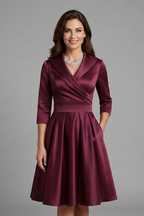 Women’s Midi Dress with V Neck and Pleated Waist