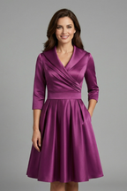 Women’s Midi Dress with V Neck and Pleated Waist