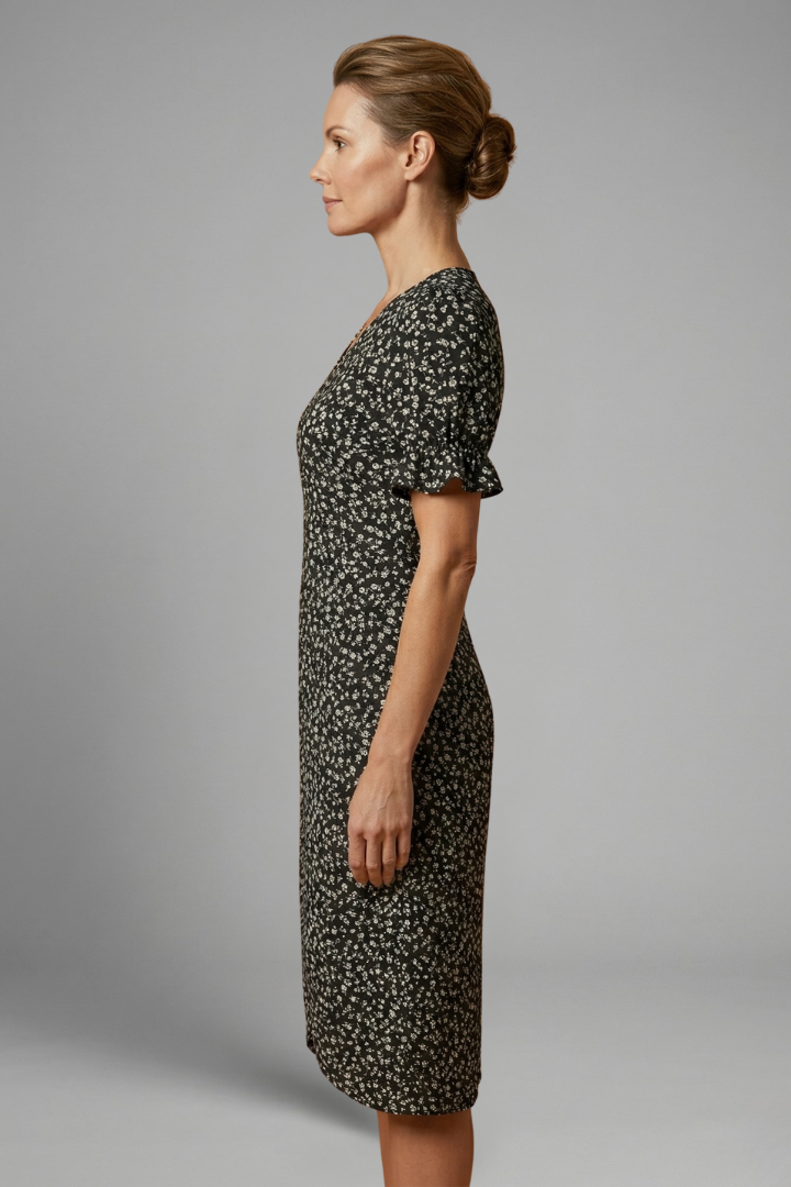 Women’s Midi Dress with Paisley Pattern and Round Neckline