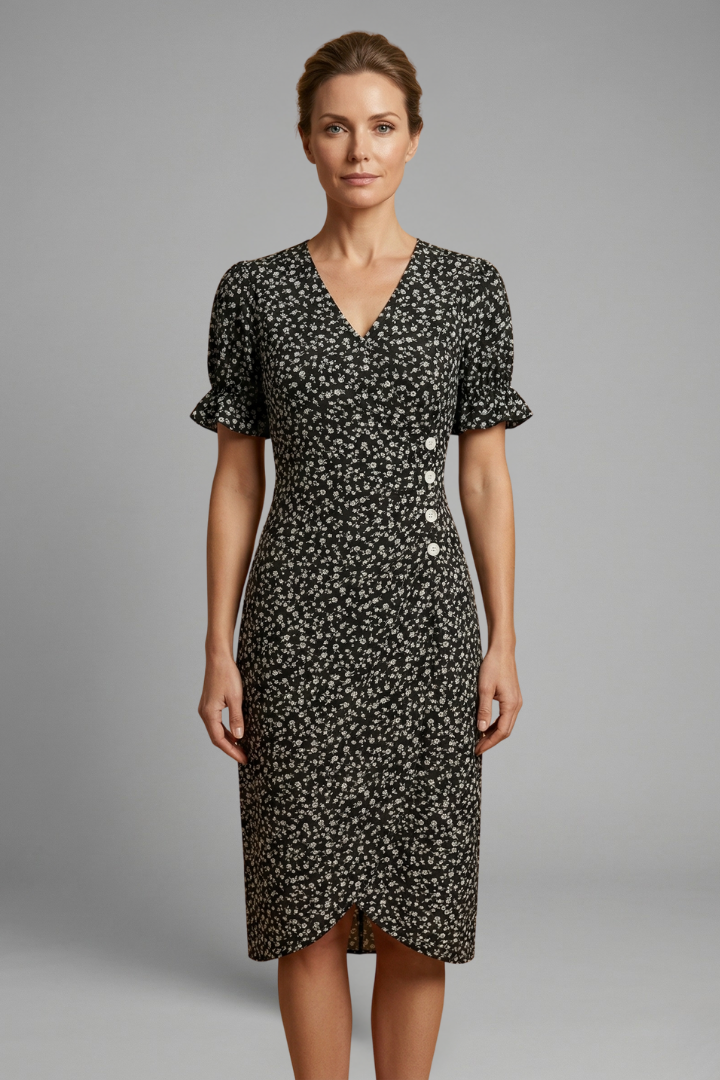 Women’s Midi Dress with Paisley Pattern and Round Neckline