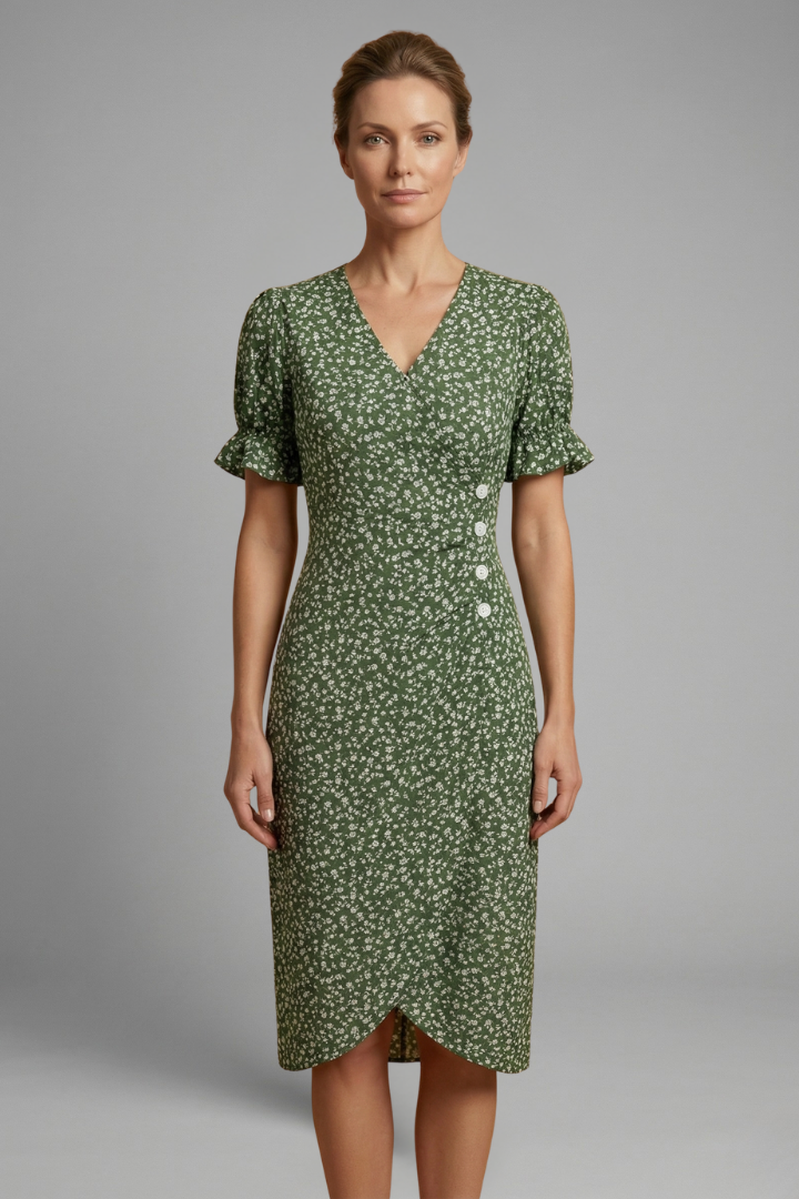 Women’s Midi Dress with Paisley Pattern and Round Neckline