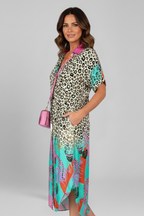 Women’s Midi Dress with V Neckline and Patterned Surface