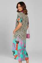 Women’s Midi Dress with V Neckline and Patterned Surface
