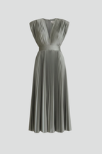 Women’s Midi Dress with V Neckline and Pleated Skirt