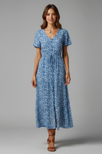 Women’s Midi Dress with V Neckline and Short Sleeves