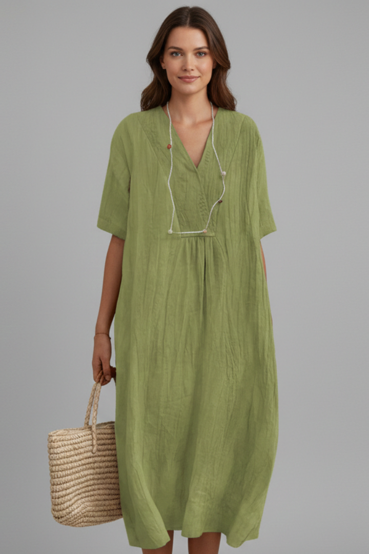Women’s Midi Dress with V Neckline and Short Sleeves