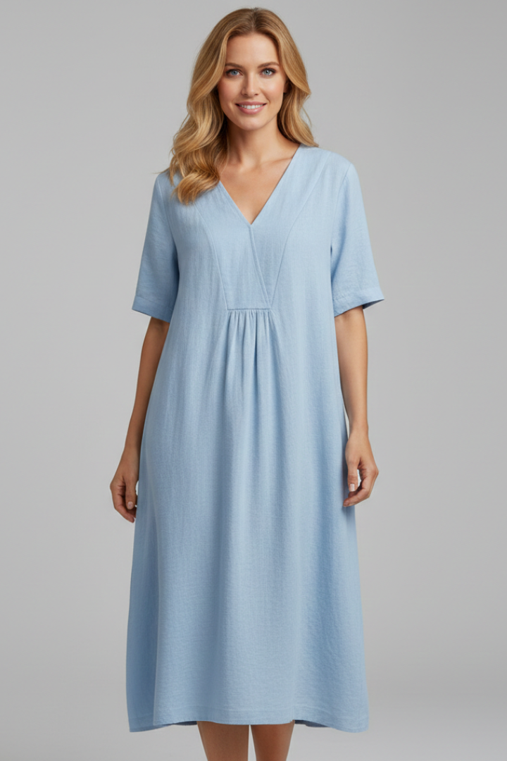 Women’s Midi Dress with V Neckline and Short Sleeves
