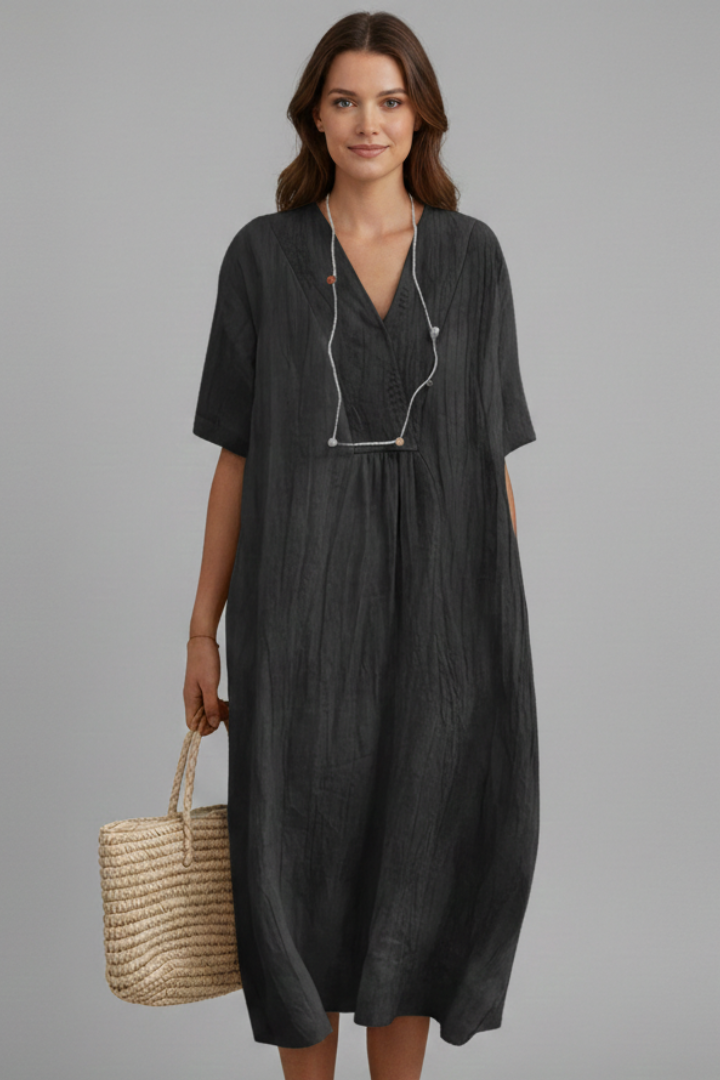 Women’s Midi Dress with V Neckline and Short Sleeves