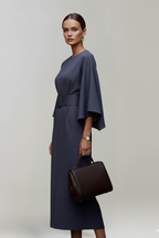 Women’s Midi Dress with Wide Sleeves and Belted Waist