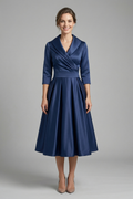 Women’s Midi Dress with Wrap Neck and Pleated Skirt