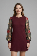 Women’s Mini Dress with Bishop Sleeves and Embroidered Detail