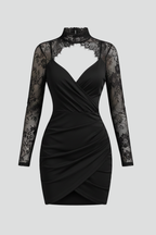 Women’s Mini Dress with High Neck and Lace Sleeves