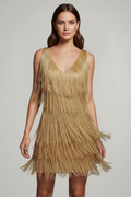 Women’s Mini Dress with V Neckline and Fringe Surface