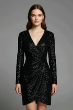 Women’s Mini Dress with V Neckline and Sequin Surface