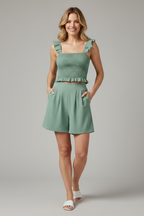Women’s Ruffle Top and Shorts Set with Sleeveless Cut and Elastic Waist