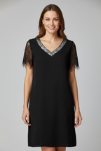 Women’s Short Dress with V Neckline and Lace Sleeves