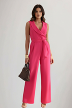 Women’s Sleeveless Jumpsuit with V-Neck and Tie Waist