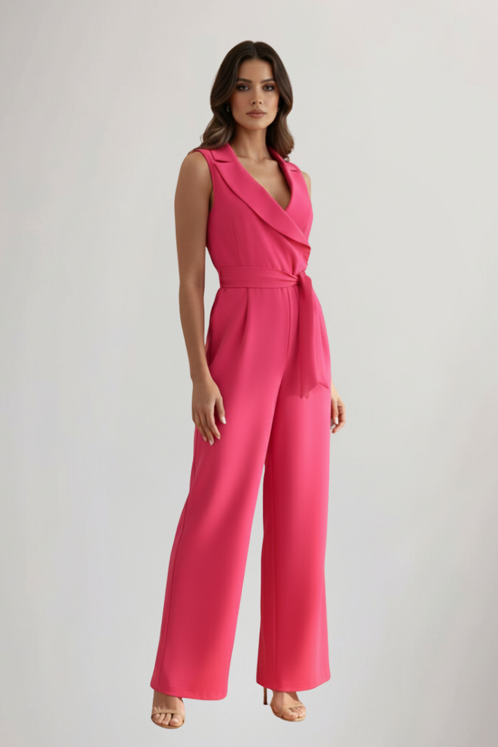 Women’s Sleeveless Jumpsuit with V-Neck and Tie Waist