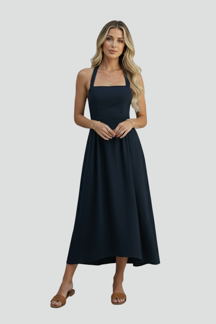 Women’s Sleeveless Midi Dress with Buttons and Belted Waist