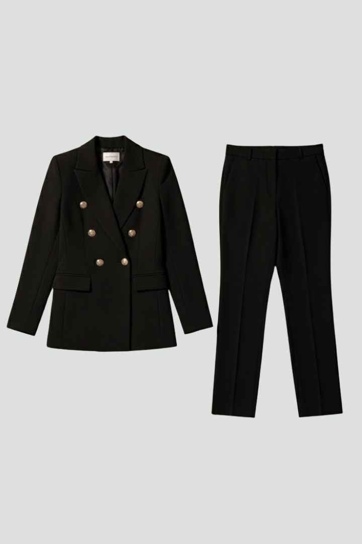 Elegant dobbeltradet jakkesæt til kvinder i sort polyester — Main Image