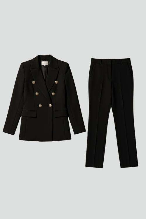Elegant dobbeltradet jakkesæt til kvinder i sort polyester — Main Image