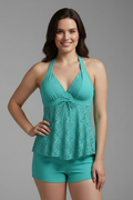 Women’s Tankini Set with V-Neck and Lace Overlay